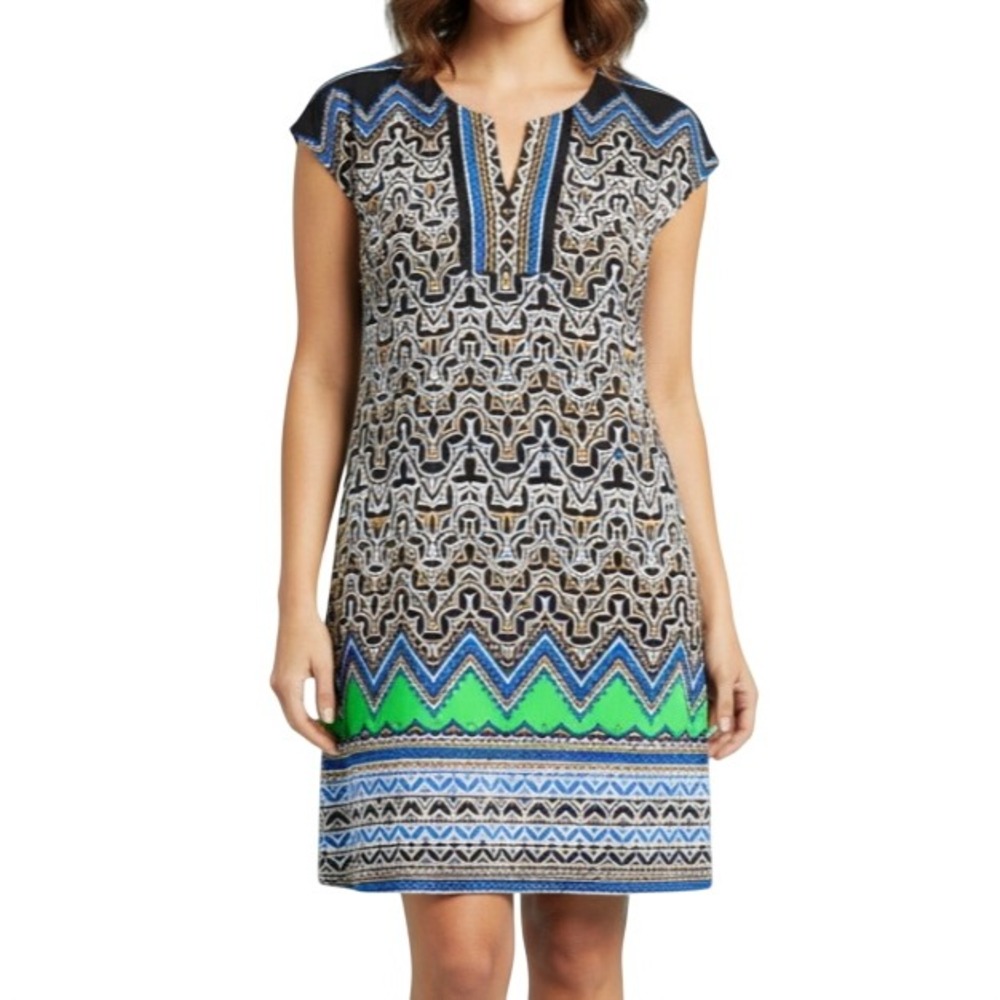 LAUNDRY By SHELLI SEGAL Lined Stretch Knit TRIBAL PATTERN V-Neck Shift Dress M